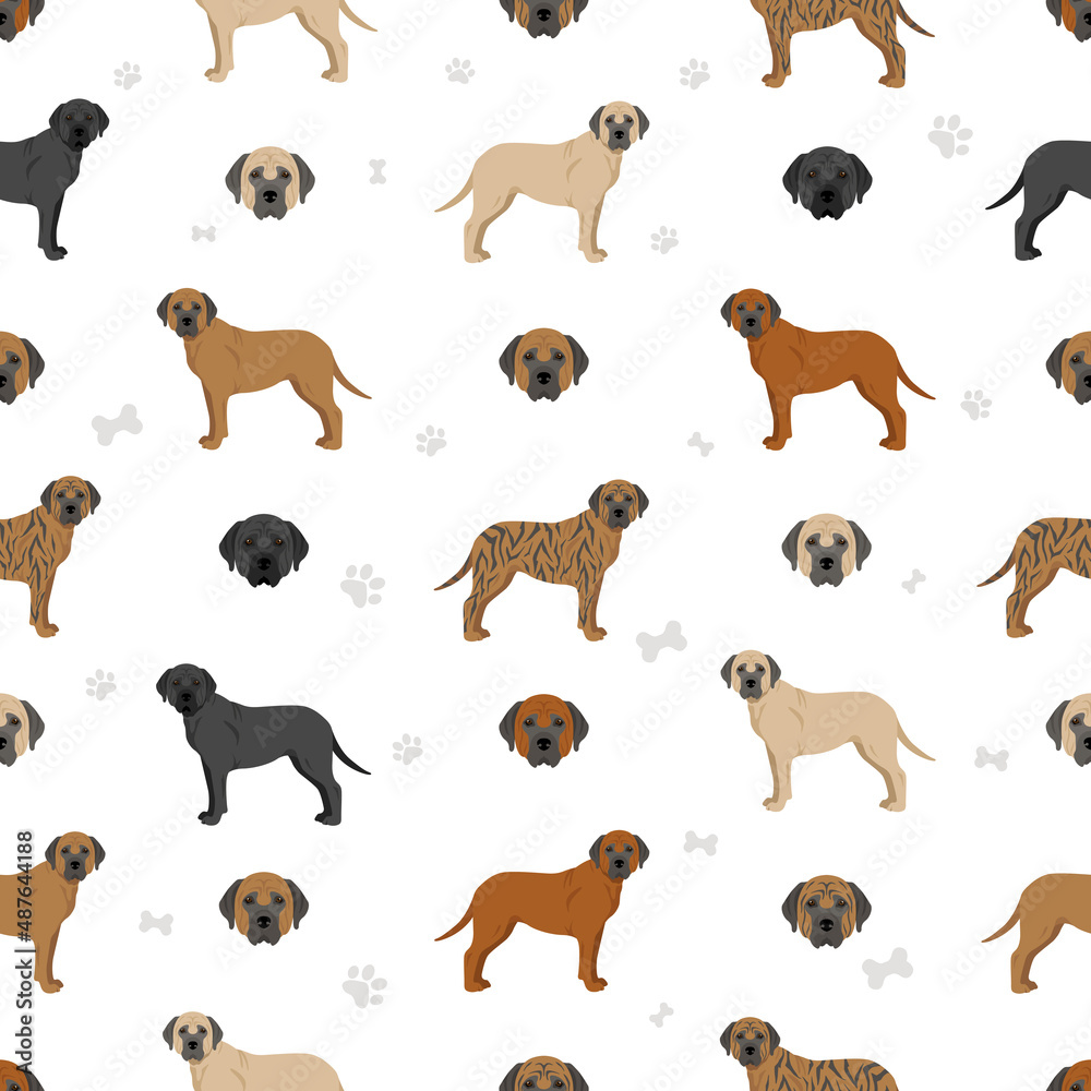 Tosa Inu seamless pattern. Different poses, coat colors set