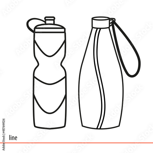 Sports bottles for beverage water or protein cocktails. Healthy lifestyle. Drinks for fitness. Linear vector illustration on white background. Doodle drawings