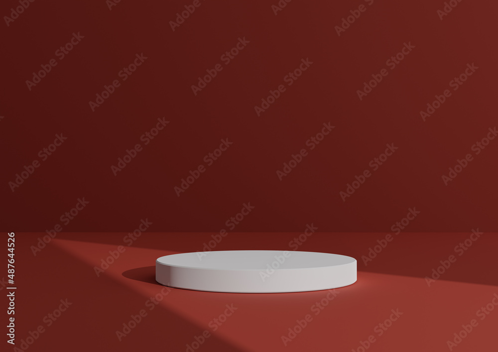 Simple, Minimal 3D Render Composition with One White Cylinder Podium or Stand on Abstract Shadow Dark Red Background for Product Display Triangle Light Pointing to Product