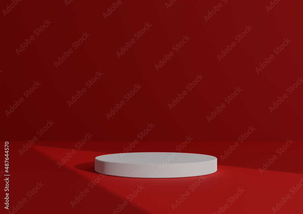 Simple, Minimal 3D Render Composition with One White Cylinder Podium or Stand on Abstract Shadow Neon Red Background for Product Display Triangle Light Pointing to Product Simple, Minimal 3D Render Composition with One White Cylinder Podium or Stand on Abstract Shadow Neon Red Background for Product Display Triangle Light Pointing to Product