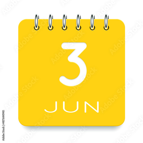 03 day of the month. June. Cute yellow calendar daily icon. Date day week Sunday, Monday, Tuesday, Wednesday, Thursday, Friday, Saturday. Cut paper. White background. Vector illustration.