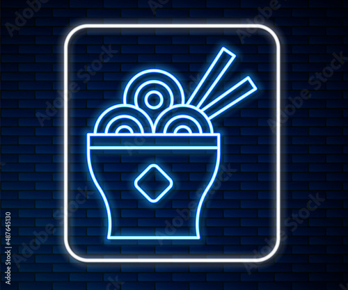Glowing neon line Asian noodles in bowl and chopsticks icon isolated on brick wall background. Street fast food. Korean, Japanese, Chinese food. Vector