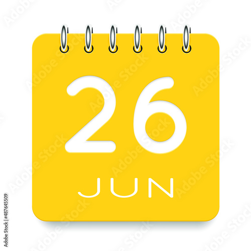 26 day of the month. June. Cute yellow calendar daily icon. Date day week Sunday, Monday, Tuesday, Wednesday, Thursday, Friday, Saturday. Cut paper. White background. Vector illustration.