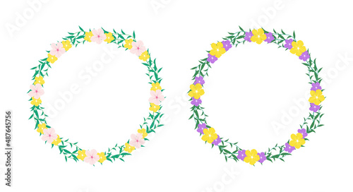 Round floral frame with curly leaves and flowers set