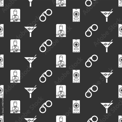 Set Casino poker tournament invitation, Martini glass, Casino dealer and Handcuffs on seamless pattern. Vector