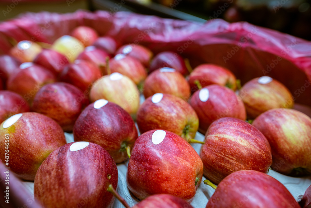 Ripe juicy red apples with blank sticker labels in a cardboard box. Production facilities of large warehouse - grading, packing and storage of crops. Ripe juicy red apples with blank sticker labels in a cardboard box. Production facilities of large warehouse - grading, packing and storage of crops.