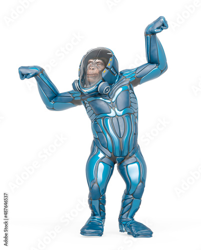 chimpanzee astronaut is showing the power in white background © DM7