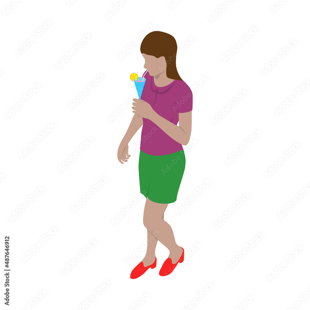 Woman in modern clothes stands with glass of drink in isometric view. Lady drinking a cocktail through a straw. Woman in modern clothes stands with glass of drink in isometric view. Lady drinking a cocktail through a straw.