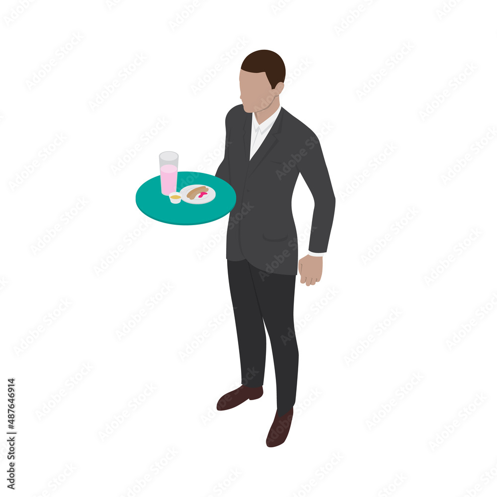 Guy in suit stands with a tray of food. Male waiter in isometric view.