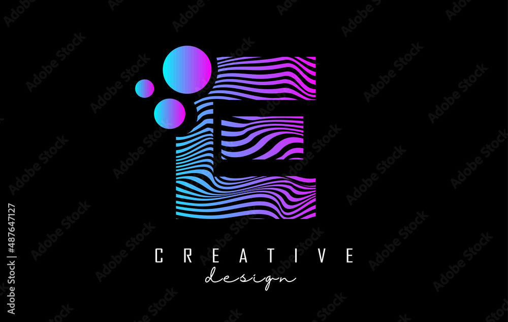 Obraz premium Purple Letter E logo with lines and dots. Vector illustration with geometric typography.