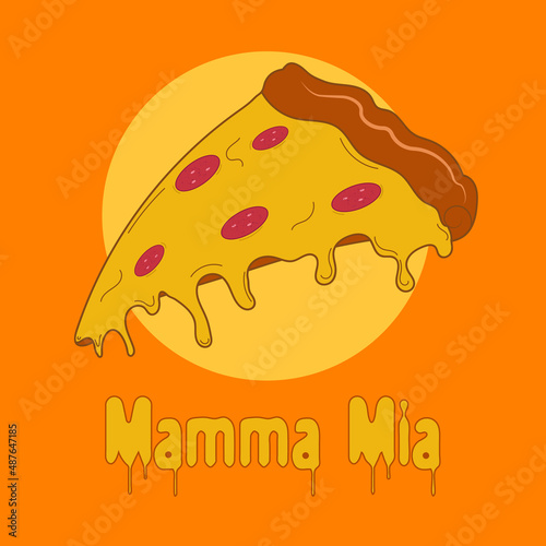 Juicy slice of pizza with stretching cheese and pepperoni and with the inscription