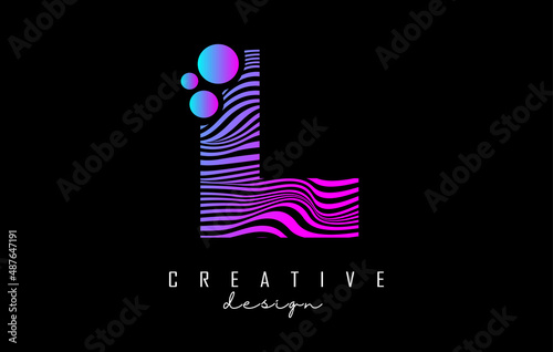 Purple Letter L logo with lines and dots. Vector illustration with geometric typography.