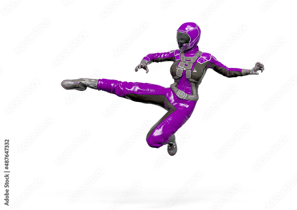 cosmonaut girl is doing a side kick on white background cosmonaut girl is doing a side kick on white background