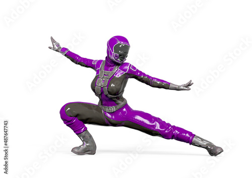 cosmonaut girl is doing a kung fu fighter pose on white background