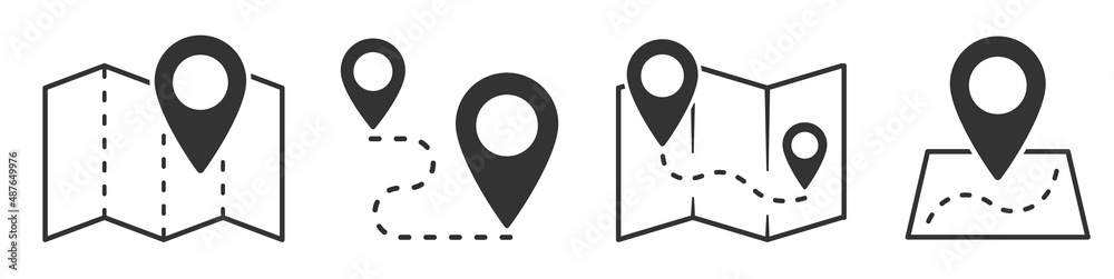 Map and location symbols set. Mapping icon collection. Geolocation map path distance. GPS cartography position. Pinpoint, map search, route, navigator - stock vector. - obrazy, fototapety, plakaty 
