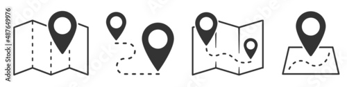 Map and location symbols set. Mapping icon collection. Geolocation map path distance. GPS cartography position. Pinpoint, map search, route, navigator - stock vector.