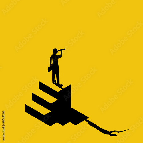 Businessman looking on telescope. Vector illustration flat minimal design. Isolated on yellow background.. Business challenge search way to success goal. Visionary concept. Black silhouette leadership