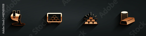 Set Molten gold being poured, Safe with bars, Gold and coin icon with long shadow. Vector