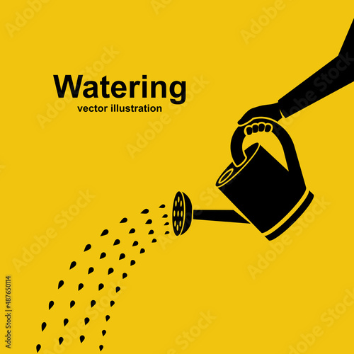 Black icon watering can. Human watering. Watering can in hand. Vector Illustration flat design. Drops of water falling. Isolated on white background.