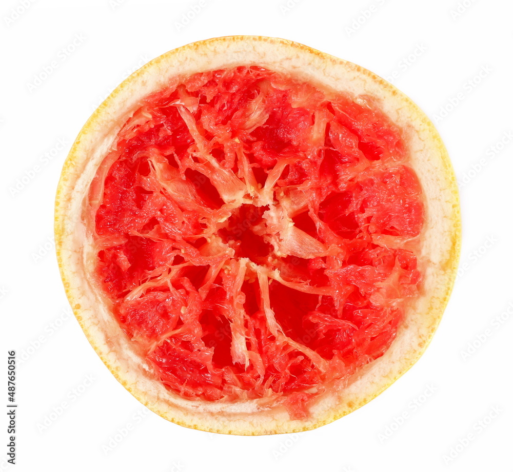 red grapefruit peel half for juice isolated on white, top view red grapefruit peel half for juice isolated on white, top view