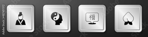 Set Asian woman, Yin Yang symbol, Chinese New Year and Peach fruit or nectarine icon. Silver square button. Vector