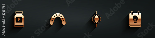 Set Energy drink, Mouth guard boxer, Punching bag and Boxing glove icon with long shadow. Vector