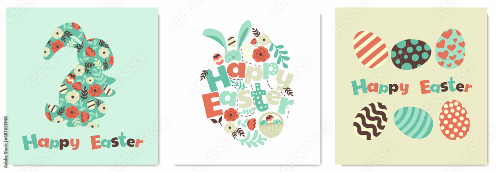 Happy Easter, vector symbols, icons and lettering design. Set Greeting cards in trendy colors, design elements. Vector illustration
