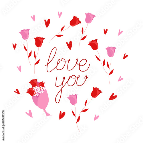 Vector banner. Calligraphic hand lettering love you with red and pink roses on white.