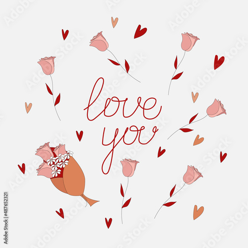 Calligraphic inscription love you, roses, hearts. Vector template.