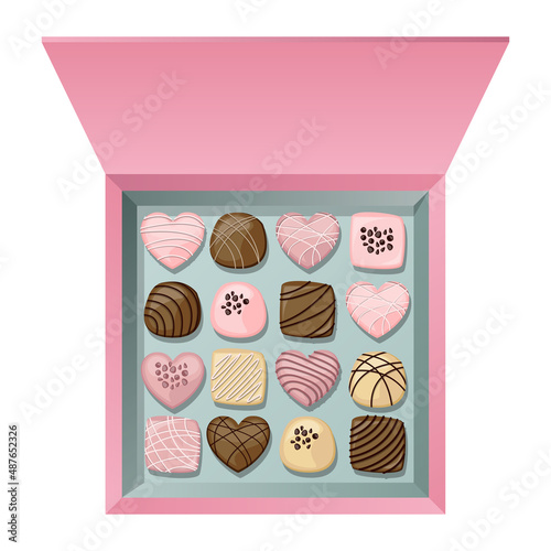Vector top view of pink blue gift open box with multicolored chocolate candies isolated on white background.