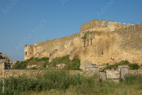 Ancient citadel fortress. Military tower fortifications. Medieval security defensive wall surrounding the old town. Archaeological excavations ruins bastion Ackerman.