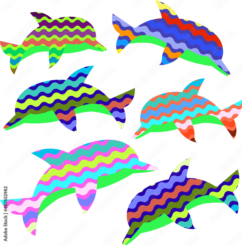 Naklejka premium Dolphin with wave color texture for flat sea style decor