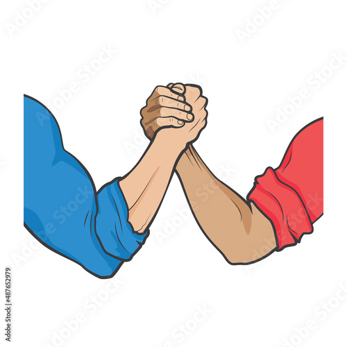 Armwrestling sport. Two arms competing. red and blue sleeve opponent symbol. arm wrestling vector cartoon illustration. Elbows on table game graphic stock image photo