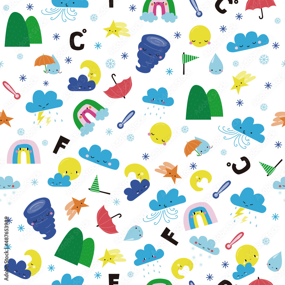Seamless pattern with cute weather icons. Childish funny print. Vector hand drawn illustration.
