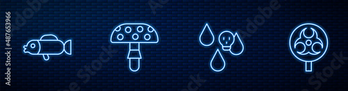 Set line Acid rain, Puffer fish, Fly agaric mushroom and Biohazard symbol. Glowing neon icon on brick wall. Vector
