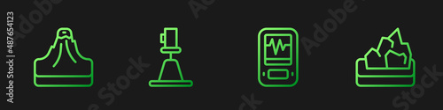 Set line Seismograph, Volcano, Tacheometer, theodolite and Ore mining. Gradient color icons. Vector