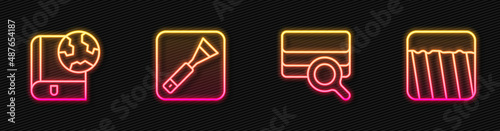 Set line Soil analysis, Earth globe and book, Paint brush and Ground. Glowing neon icon. Vector