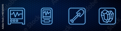 Set line Shovel, Seismograph, and Gem stone. Glowing neon icon on brick wall. Vector
