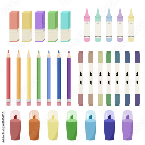Big set of colorful and pastel colors markers, pencils and crayons. Vector elements isolated on white background.