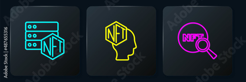 Set line NFT blockchain technology, Search and Digital crypto art. Black square button. Vector
