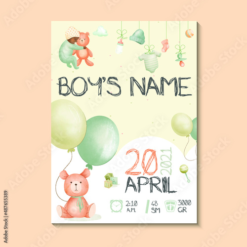 Boy posters, height, weight, date of birth. Teddy bear, balloon and baby stuff green, vector illustration on white background. Illustration newborn metric for children's bedroom.