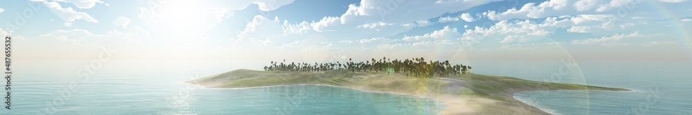Beautiful tropical islands with palm trees at sunset, seascape panorama, 3d rendering