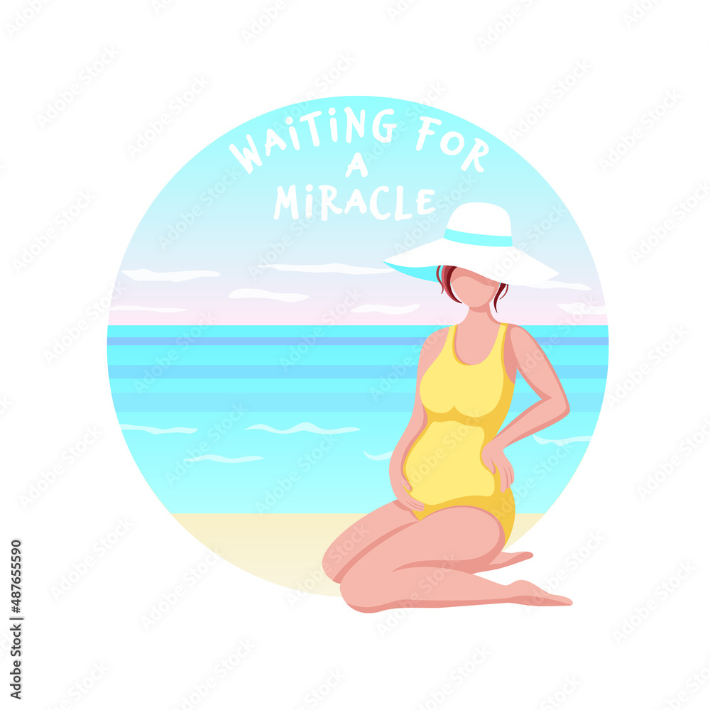 Pregnant woman in swimsuit is sitting on the beach. Summer vacation for happy pregnant woman. Health care during pregnancy concept. Waiting for a miracle. Vector illustration in cute cartoon style.