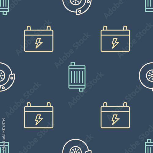 Set line Car brake disk with caliper, battery and radiator cooling system on seamless pattern. Vector