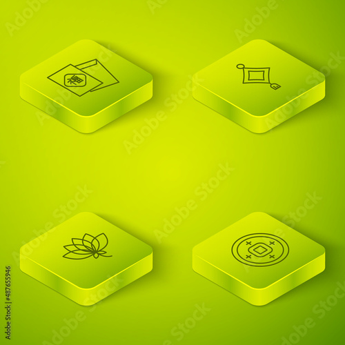 Set Isometric line Chinese paper lantern, Lotus flower, Yuan currency and New Year icon. Vector