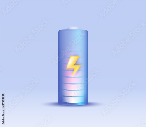 3d insulated battery, battery charge indicator, yellow lightning bolt on the case. The concept of battery charging technology. Vector illustration