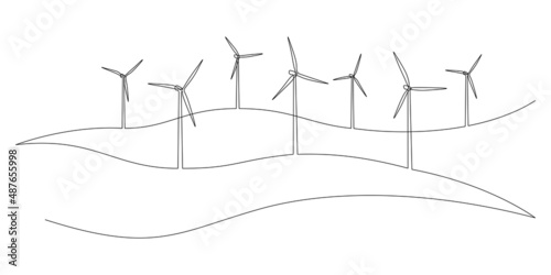 One continuous line drawing of Wind farm turbines and windmill among hilly landscape. Green energy and renewable source of power concept in simple linear style. Doodle vector illustration