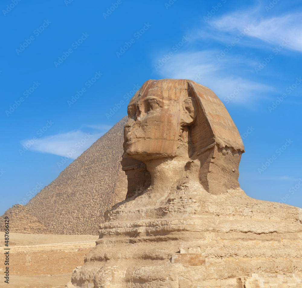 Great Sphinx of Giza near Cairo, Egypt. It is mythical creature with the head of man and the body of a lion. The face of the Sphinx appears to represent the pharaoh Khafre