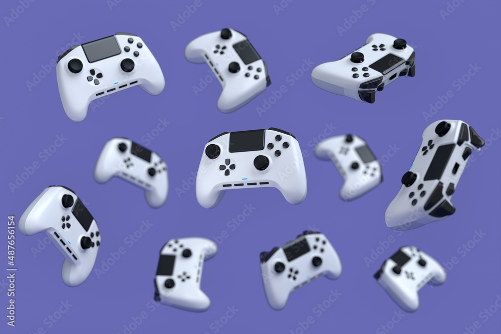 Flying gamer joysticks or gamepads on purple background with blur