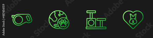 Set line Cat scratching post with toy, Retractable cord leash, World pet and Heart dog. Gradient color icons. Vector